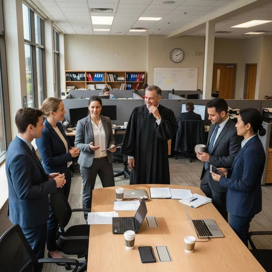 Justice system professionals reviewing case documents and planning services in a modern office