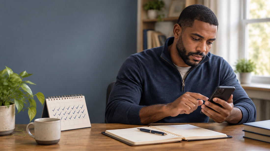 Adult participant completing a daily accountability check-in at a desk with a planner and 21-day calendar