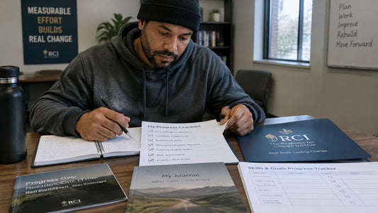 Adult participant reviewing a checklist, journal, and structured Ready for Reform progress materials at a desk